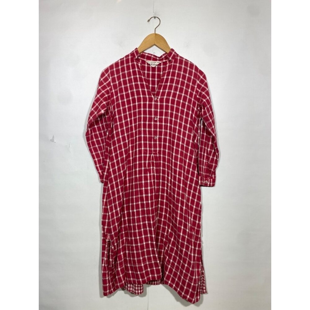 45R Yuki Japan Red Plaid Checkered Tunic Dress Long Sleeve 100% Cotton Size 1